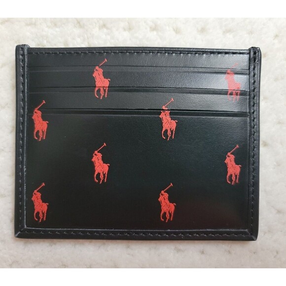 Polo Ralph Lauren Black Red Leather Card Case Wallet Pony Logo Print & Gift Box - Picture 2 of 3